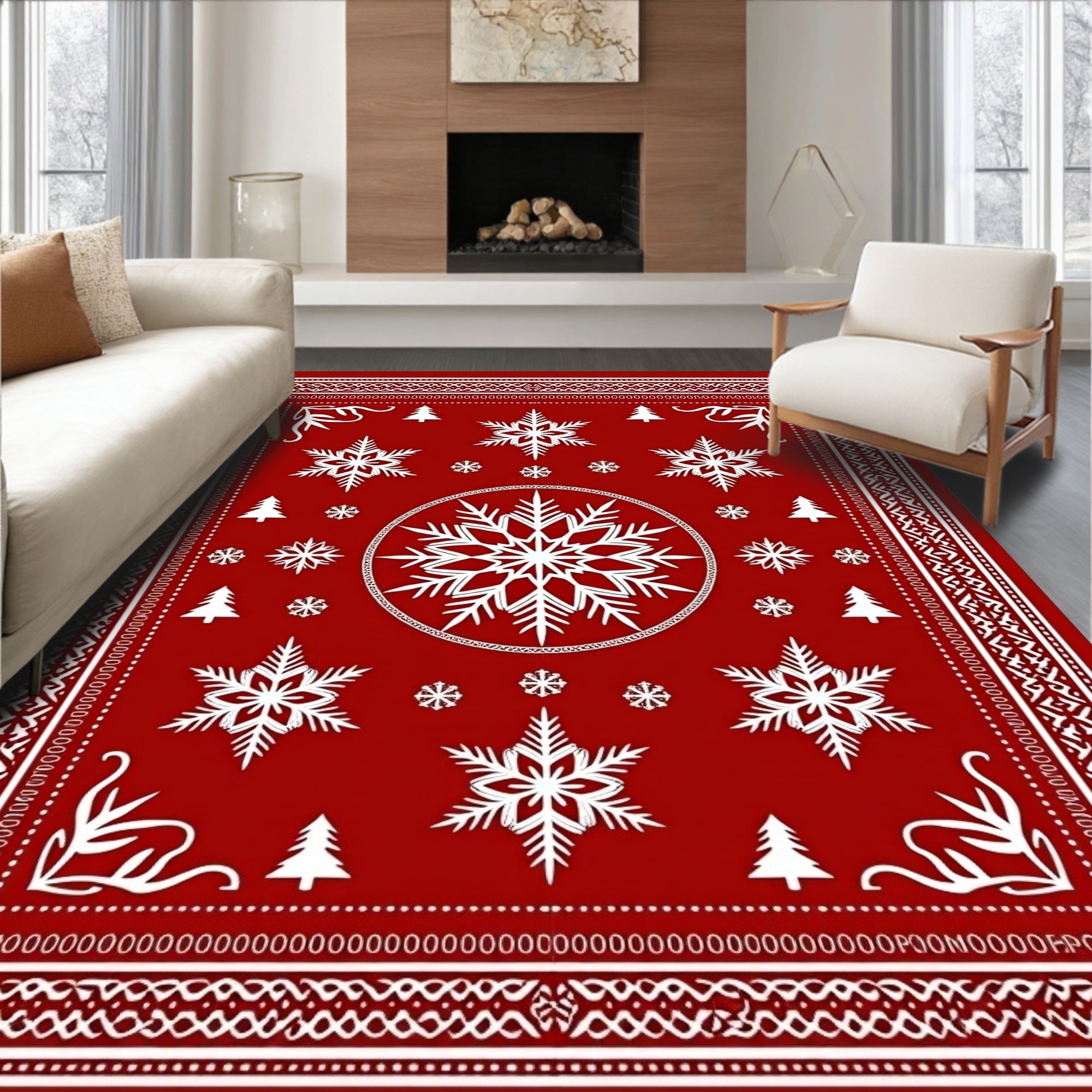 Festive Red Snowflake Christmas Scene Rug