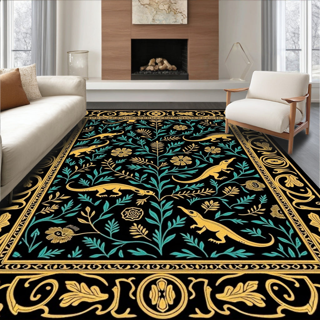 Golden Lizards Teal Foliage Bordered Rug