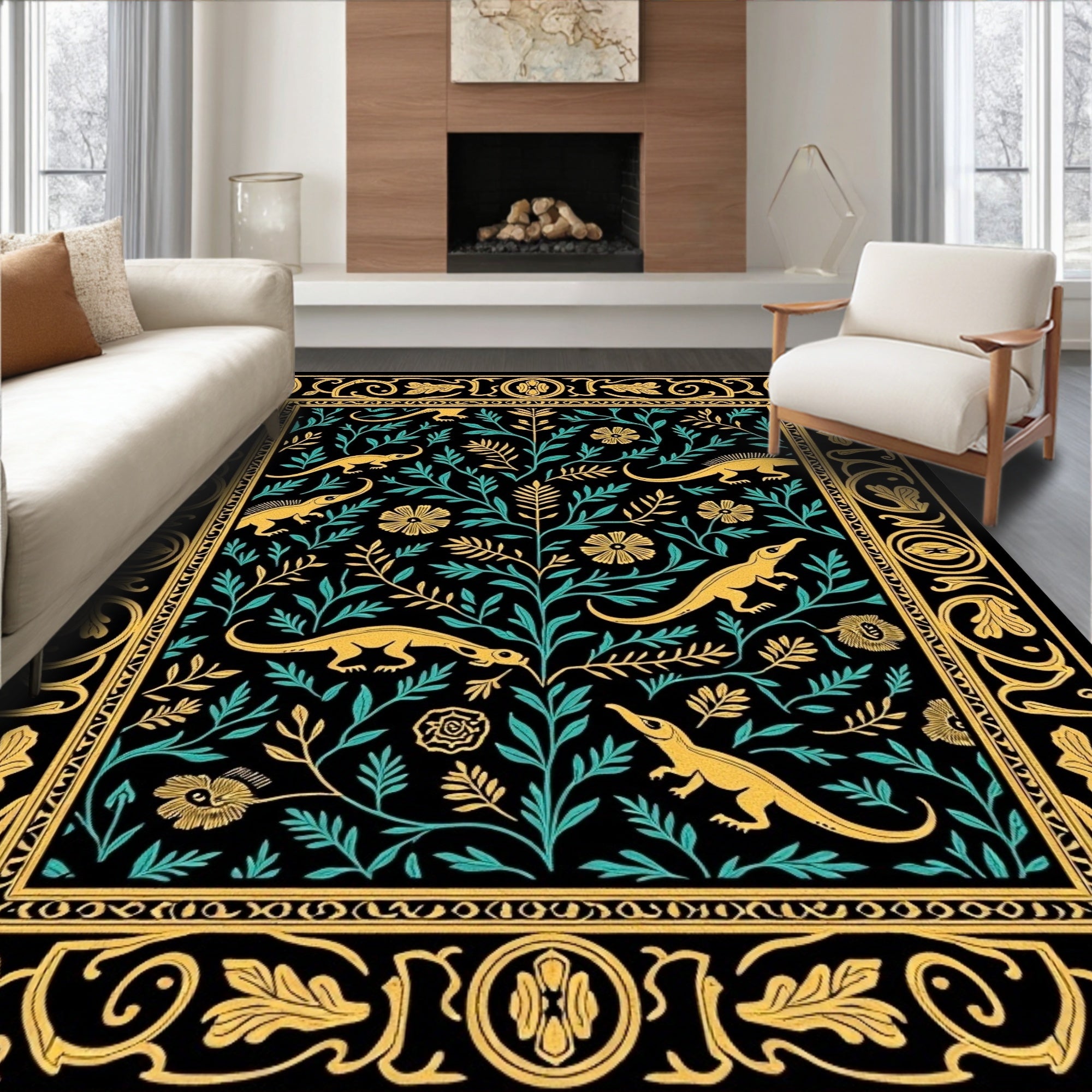 Golden Lizards Teal Foliage Bordered Rug