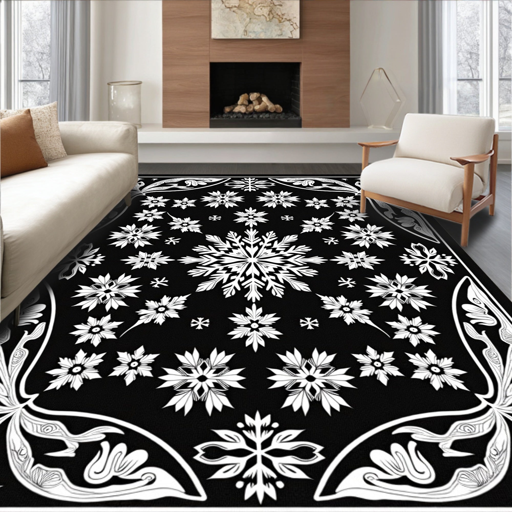 Winter White Snowflake Mandala Rug