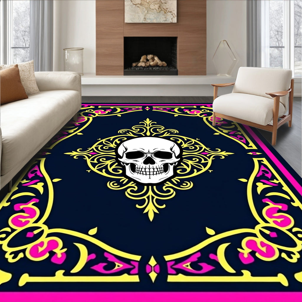 Gothic Skull Neon Floral Emblem Rug