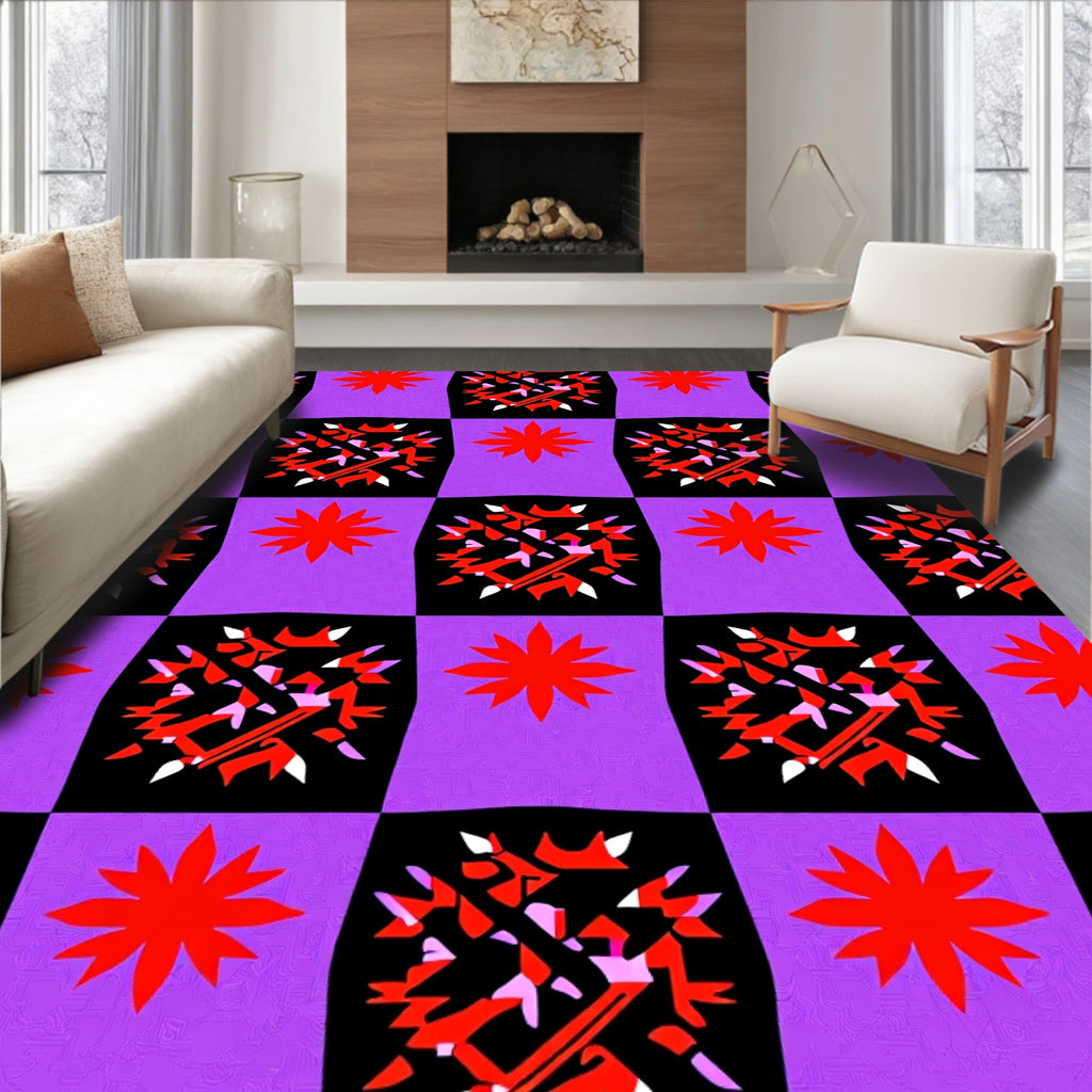 Vibrant Red Starburst Checkerboard Rug