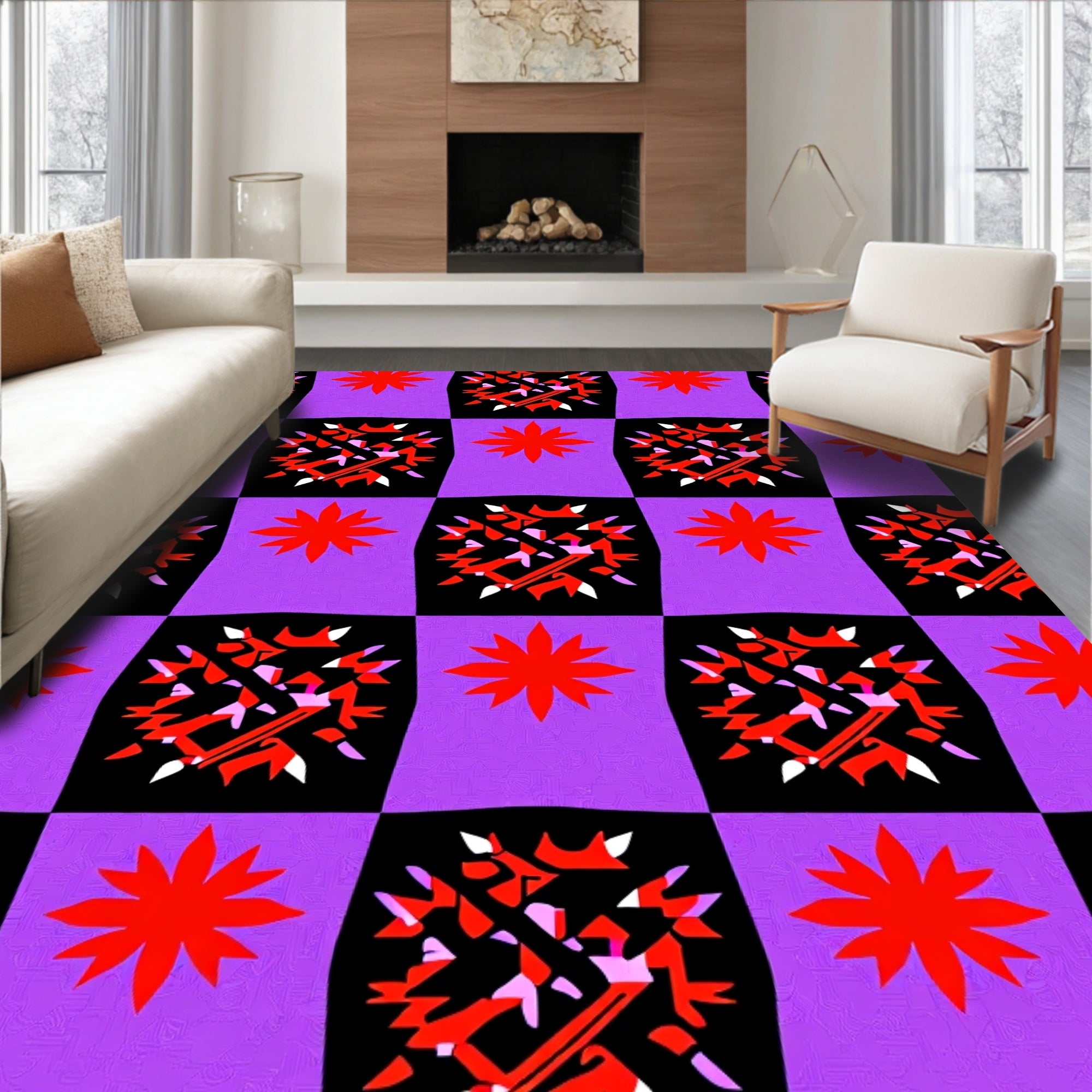 Vibrant Red Starburst Checkerboard Rug