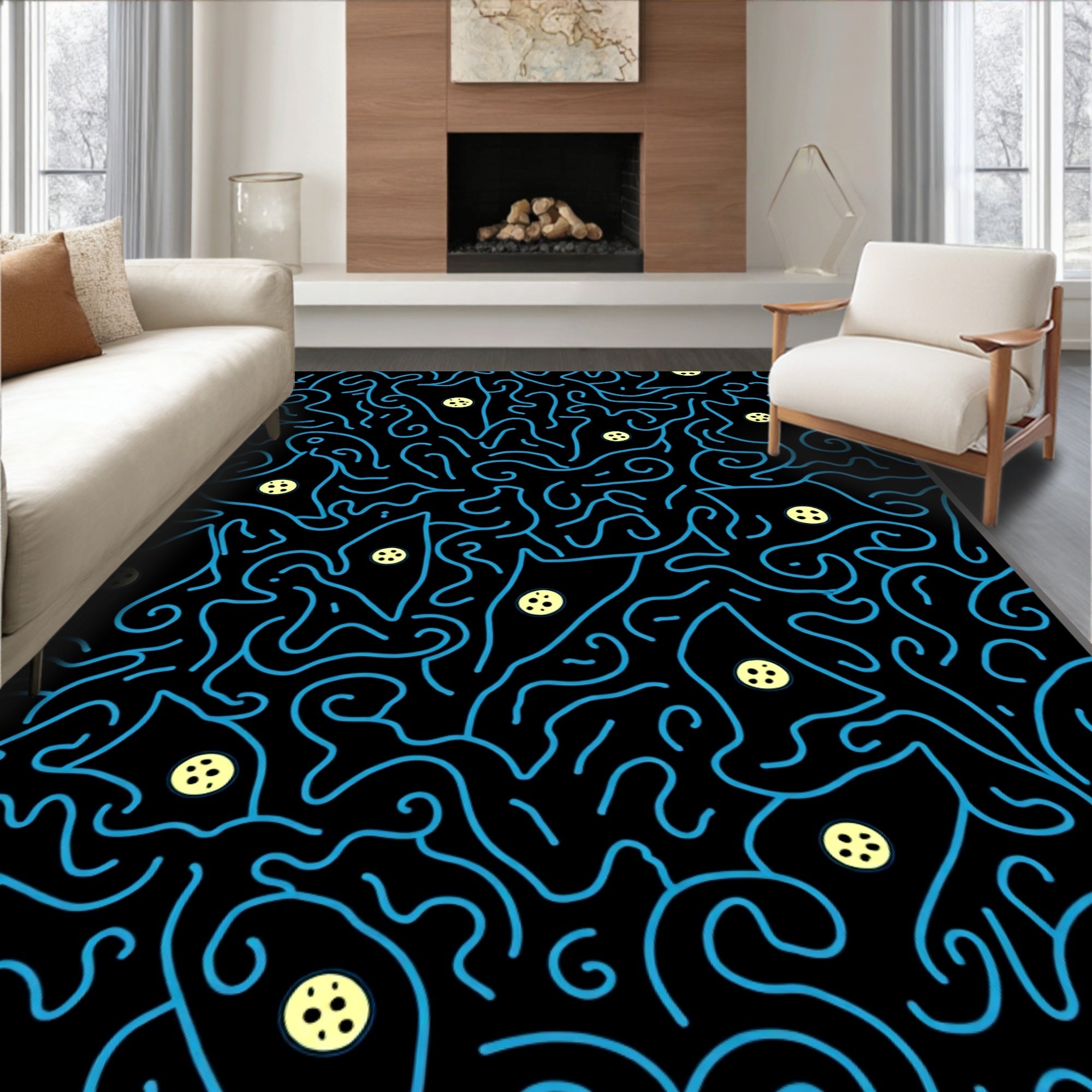 Abstract Blue Swirls Yellow Circles Rug