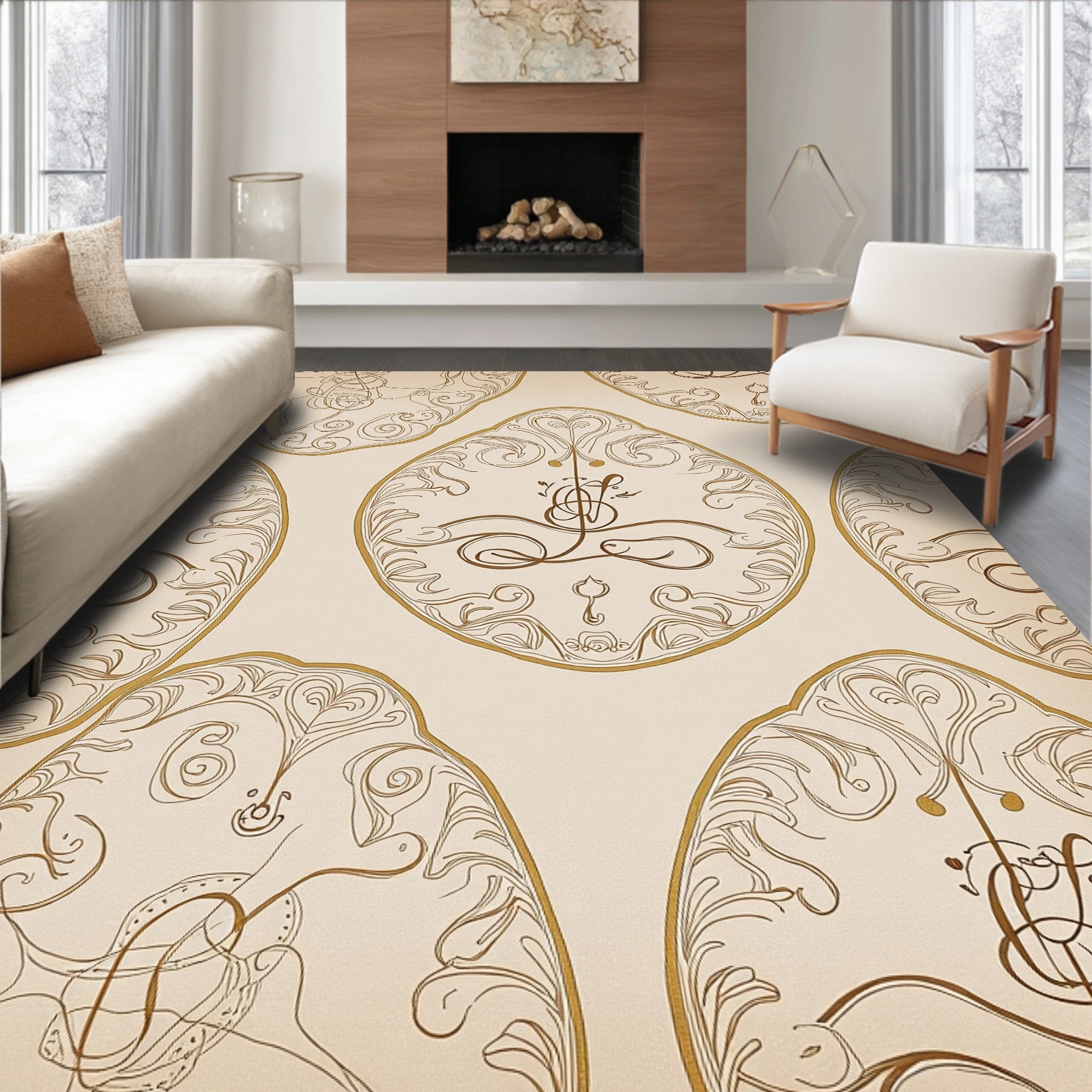 Vintage Gold Cream Oval Filigree Rug