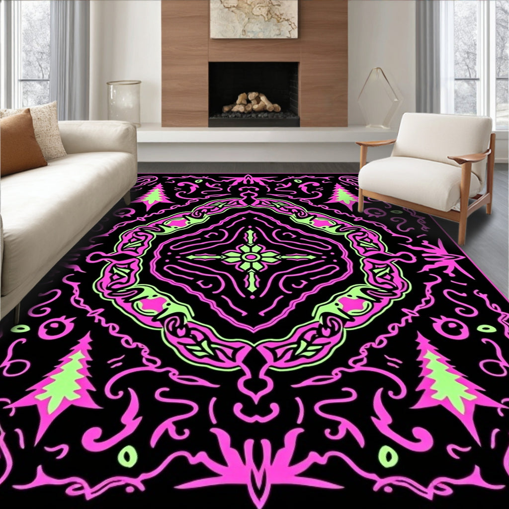 Neon Pink Green Forest Mandala Rug