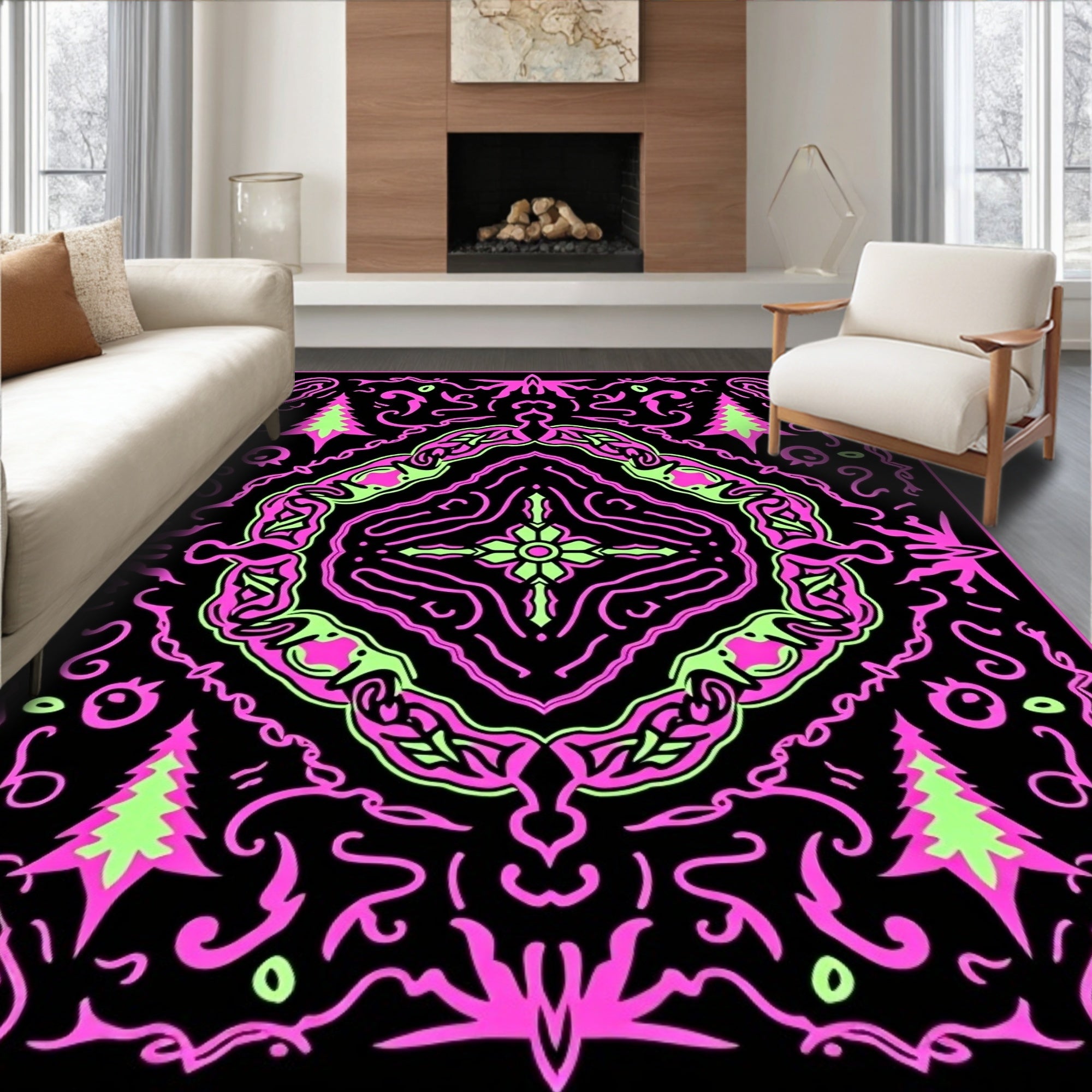 Neon Pink Green Forest Mandala Rug