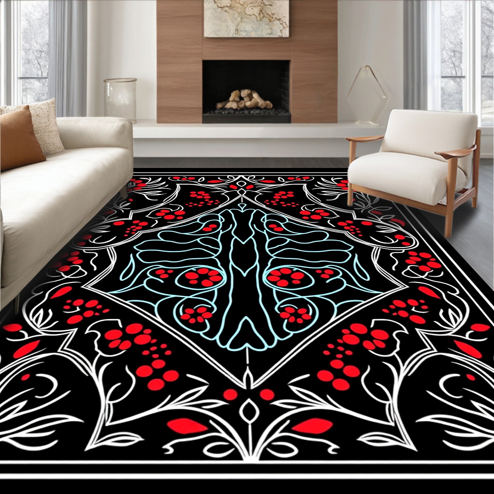 Retro Red Berry Floral Crest Rug