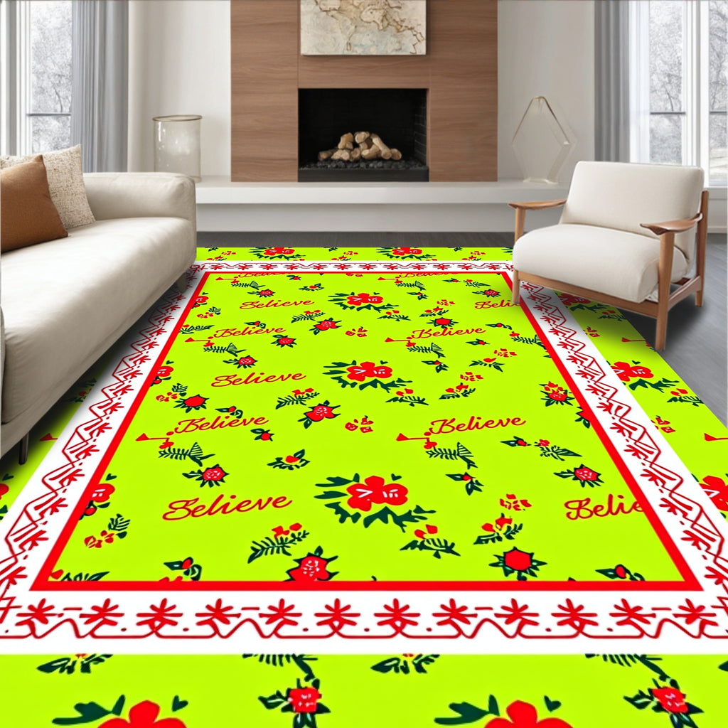 Whimsical Red Floral Believe Green Rug