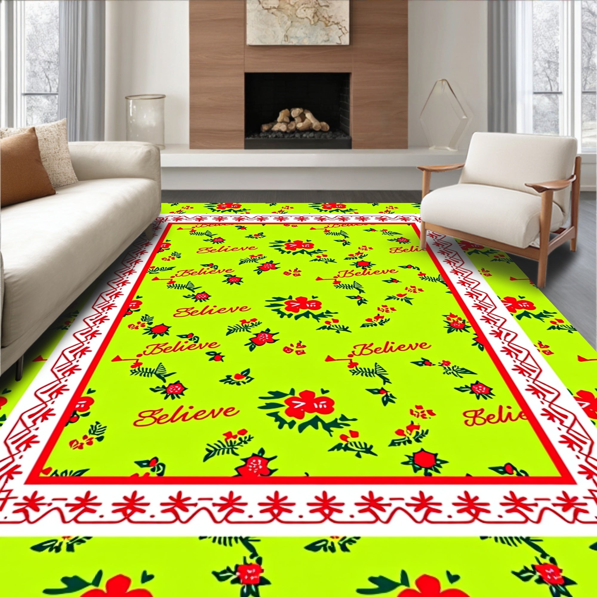 Whimsical Red Floral Believe Green Rug