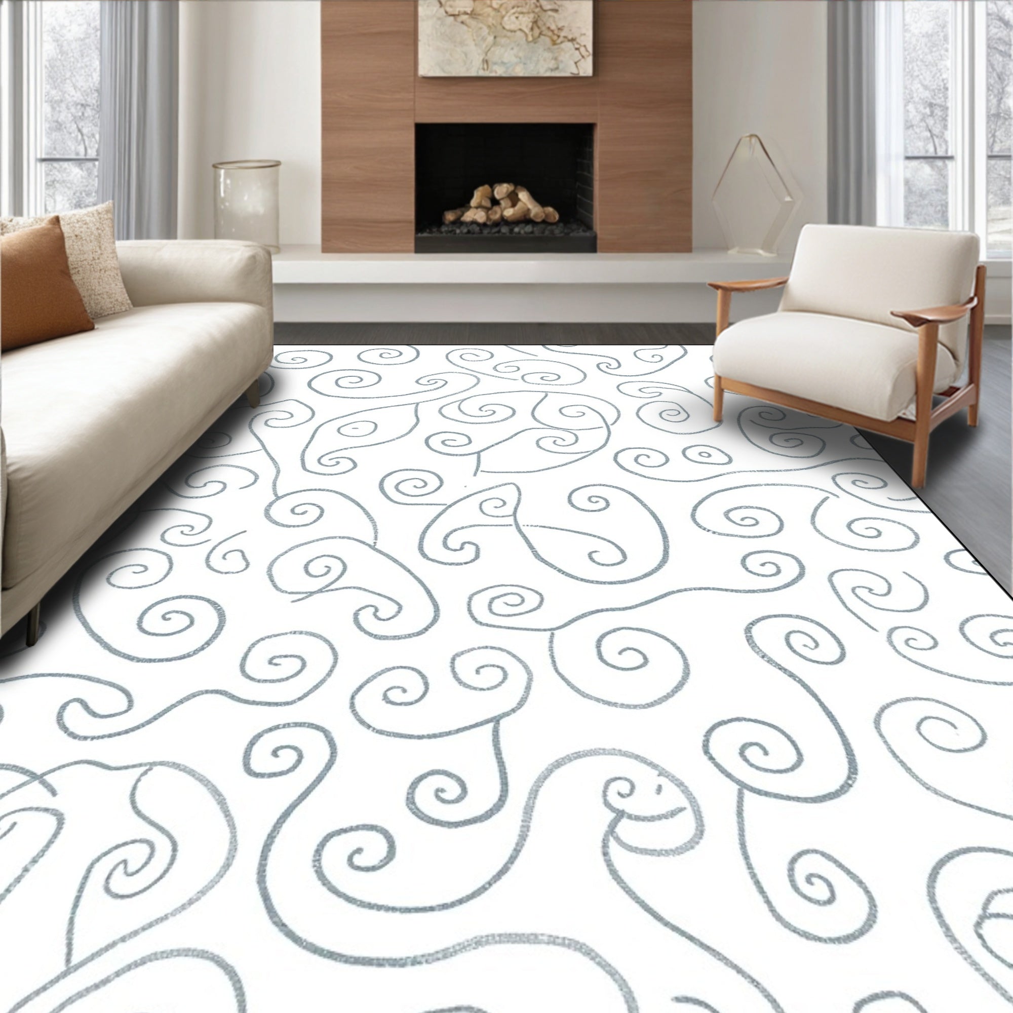 White Gray Swirling Lines Rug