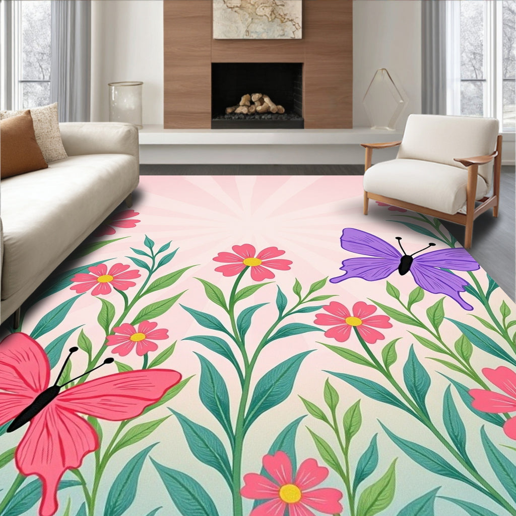 Pink Coral Butterflies Blooming Garden Rug