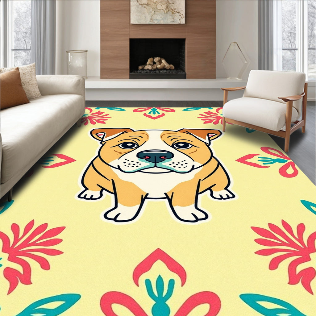 Cute Bulldog Coral Teal Floral Rug