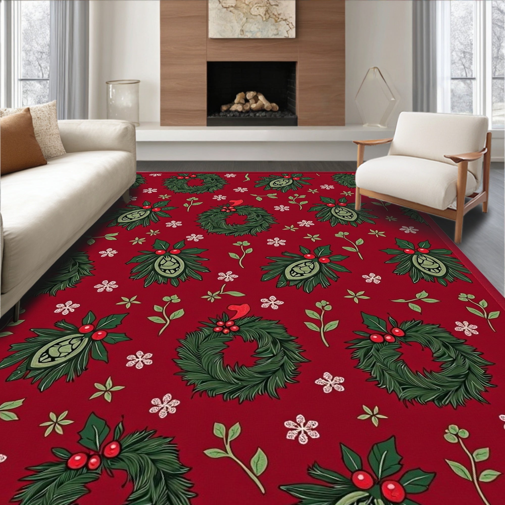 Festive Red Wreath Holly Berry Garland Rug