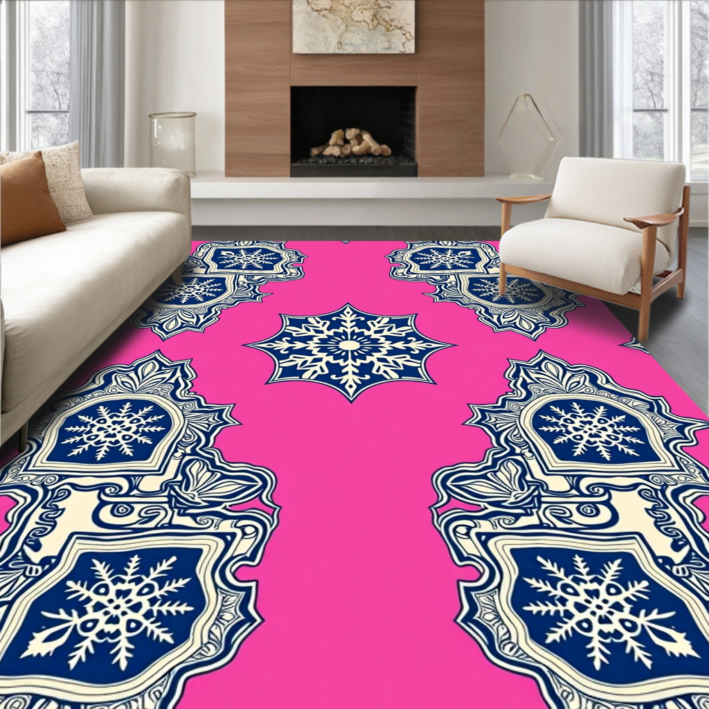 Pink Navy Snowflake Crest Rug