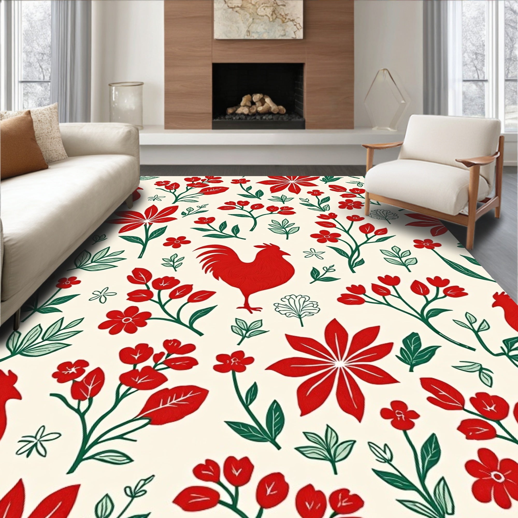 Red Rooster Floral Scatter Rug