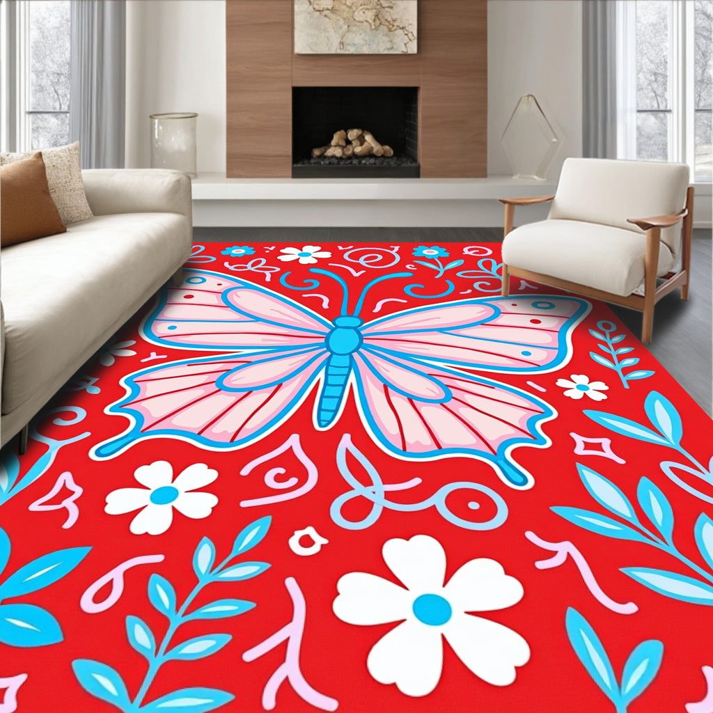 Whimsical Pink Butterfly Floral Collage Rug