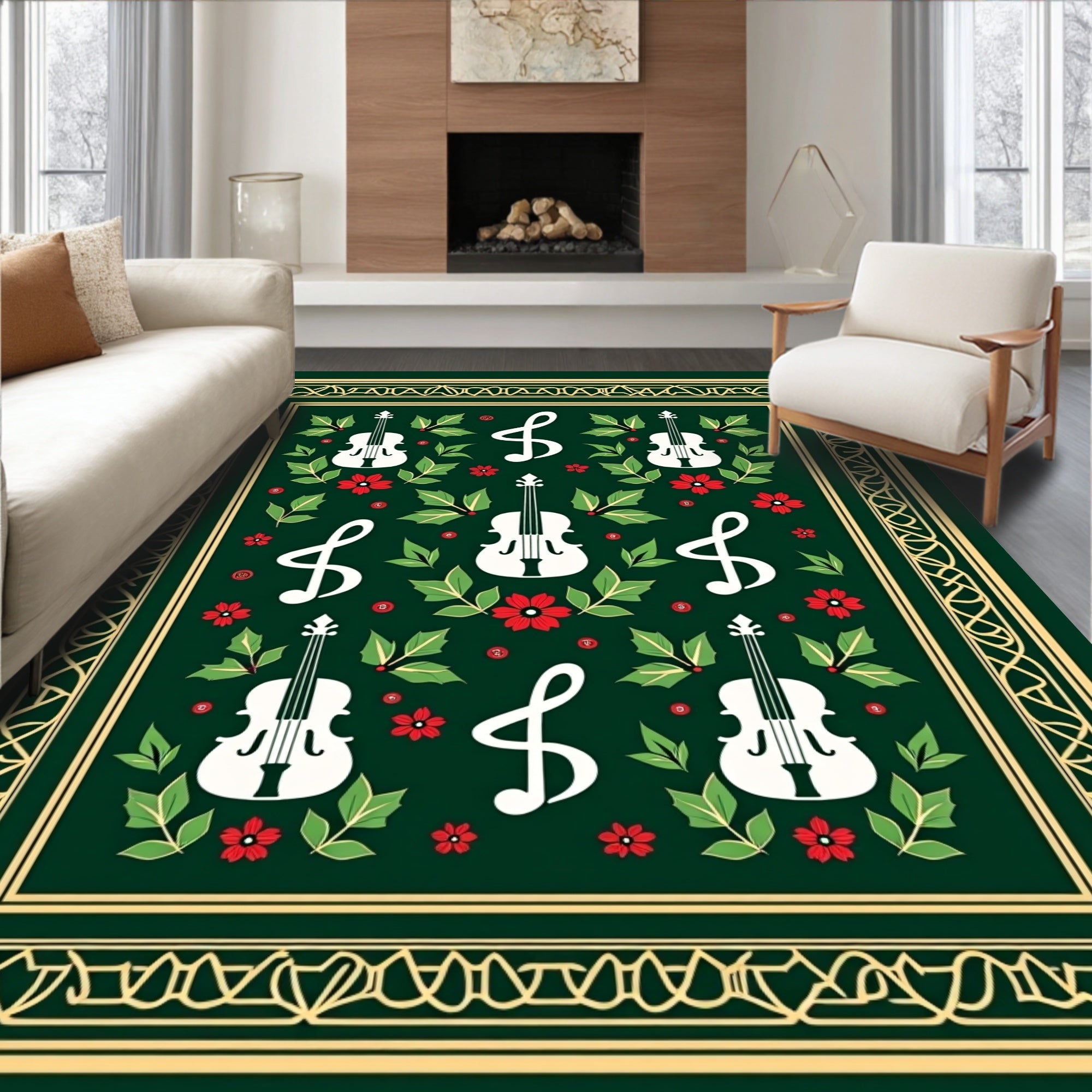 Orchestral Harmony Green Violin Floral Rug