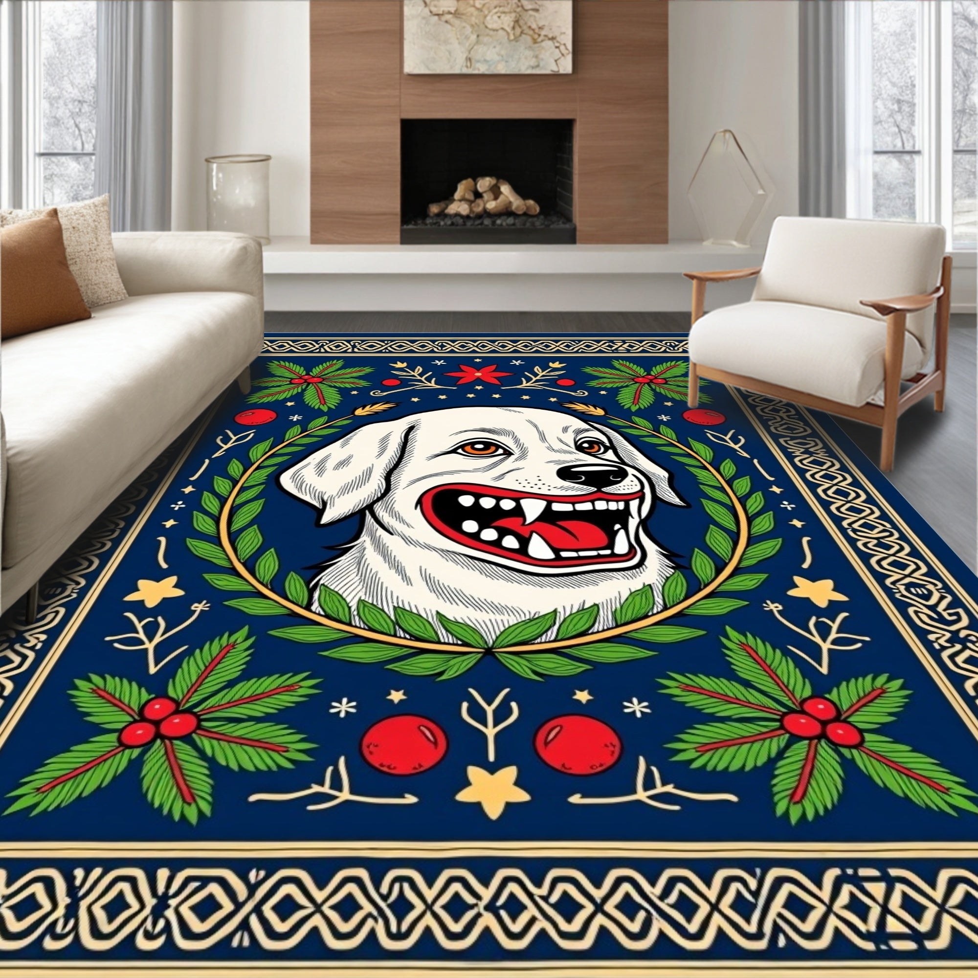 Whimsical White Dog Holly Border Rug