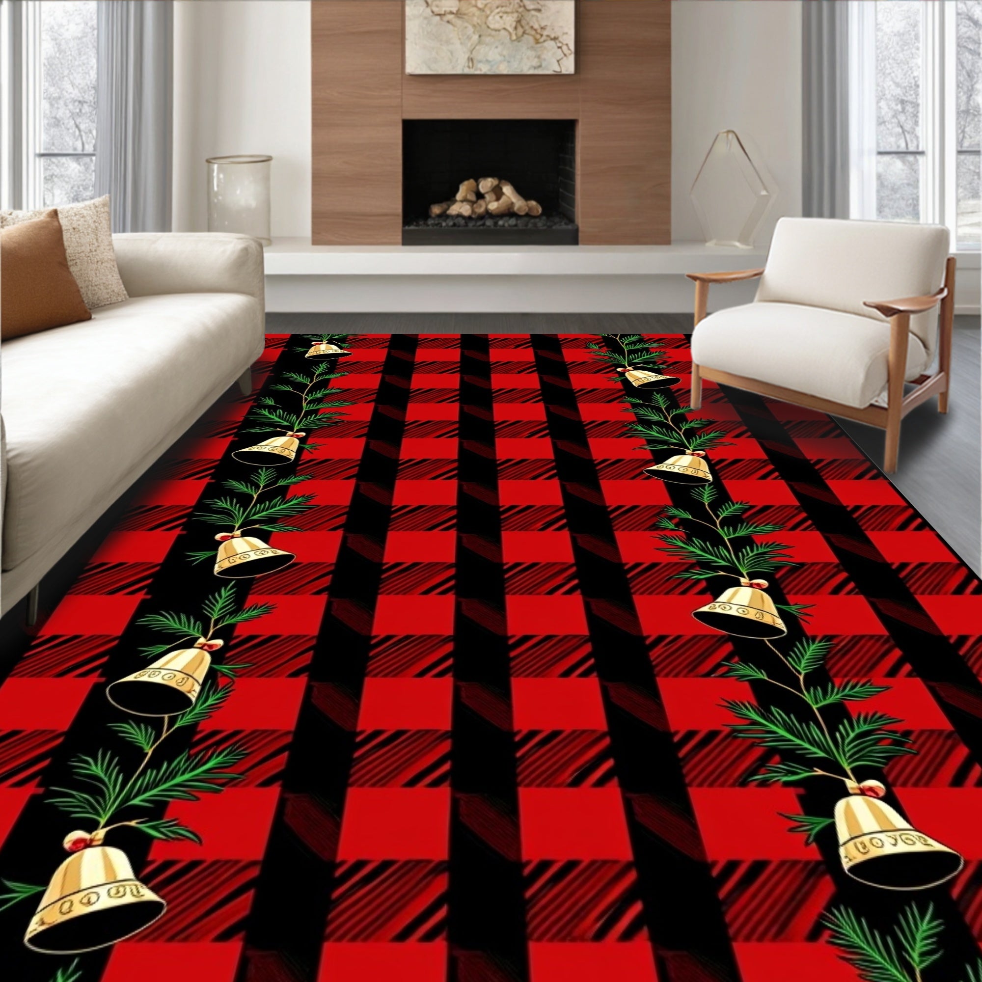 Red Black Buffalo Plaid Bells Garland Rug