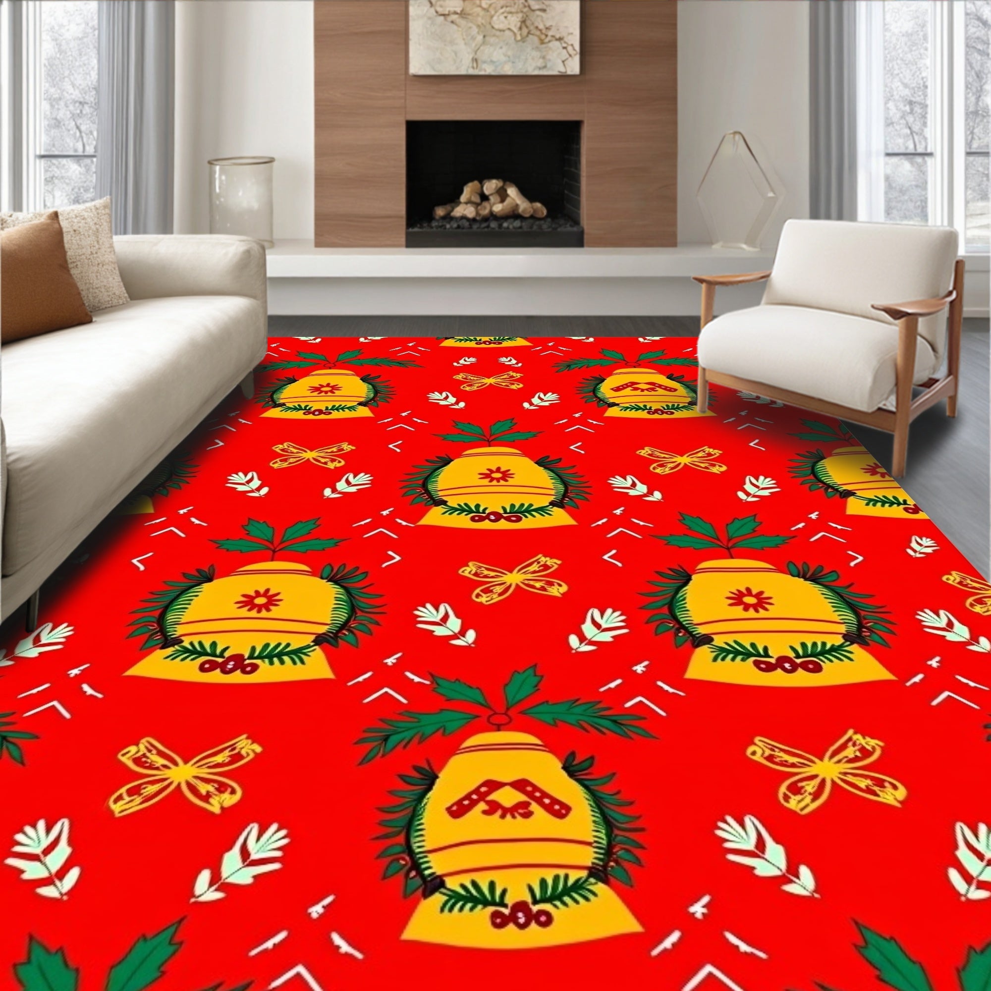 Golden Bells Red Butterfly Holiday Rug