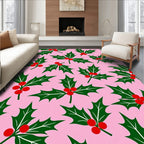 Pink Background Holly Berry Christmas Rug