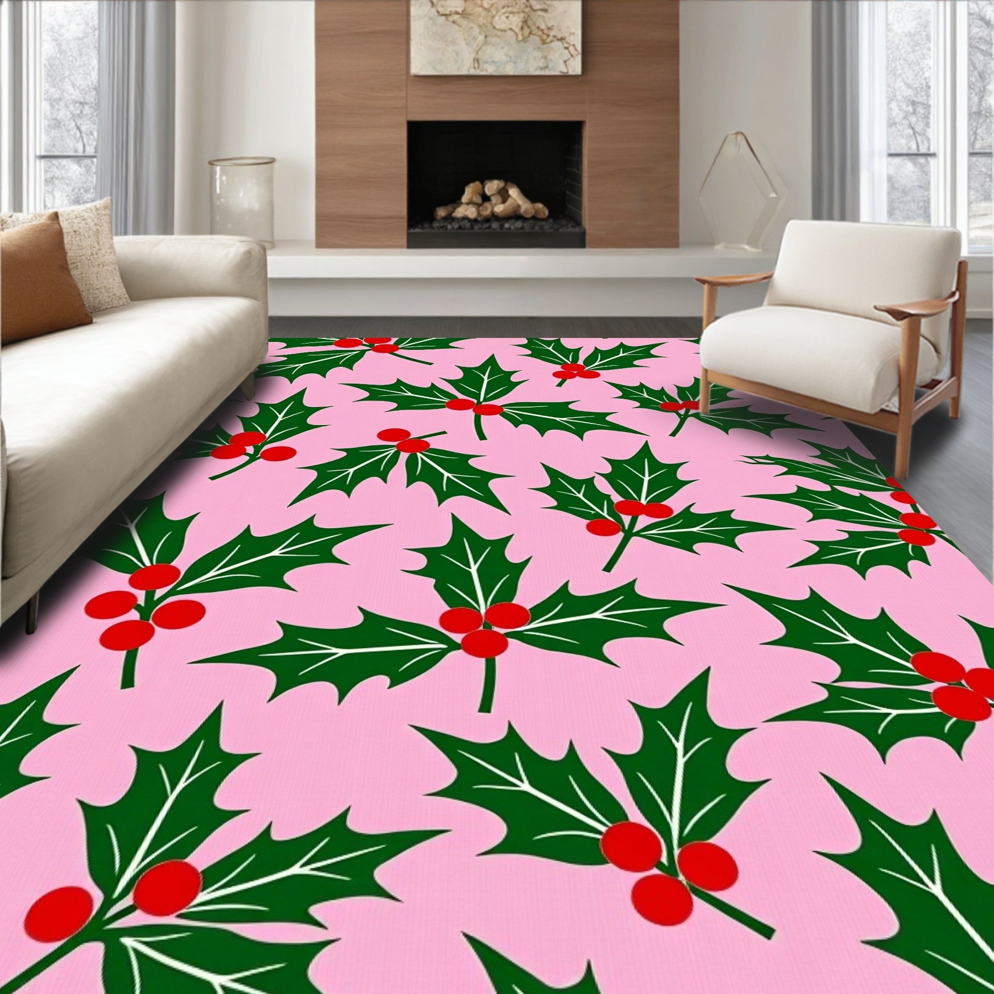 Pink Background Holly Berry Christmas Rug