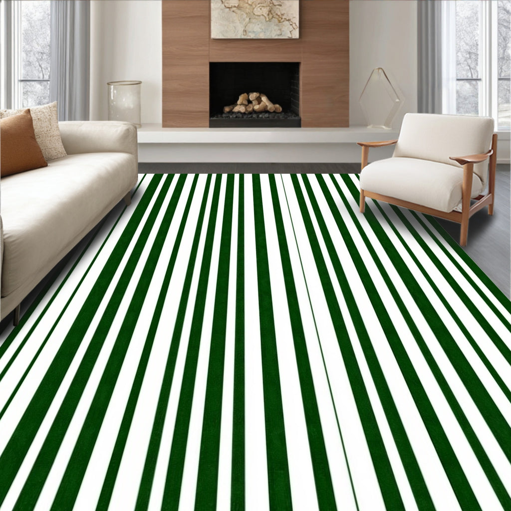 Forest Green White Vertical Stripes Rug