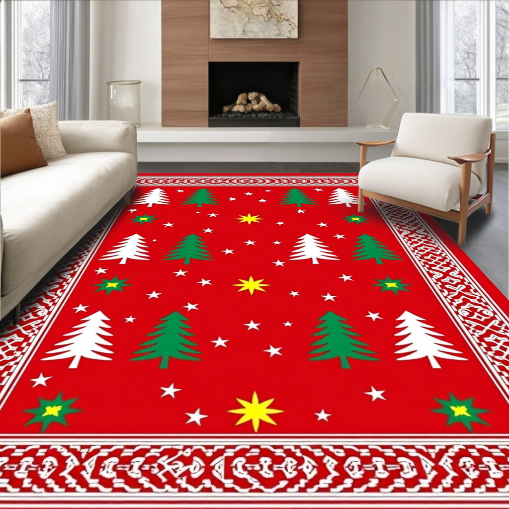 Red Christmas Tree Star Festive Border Rug