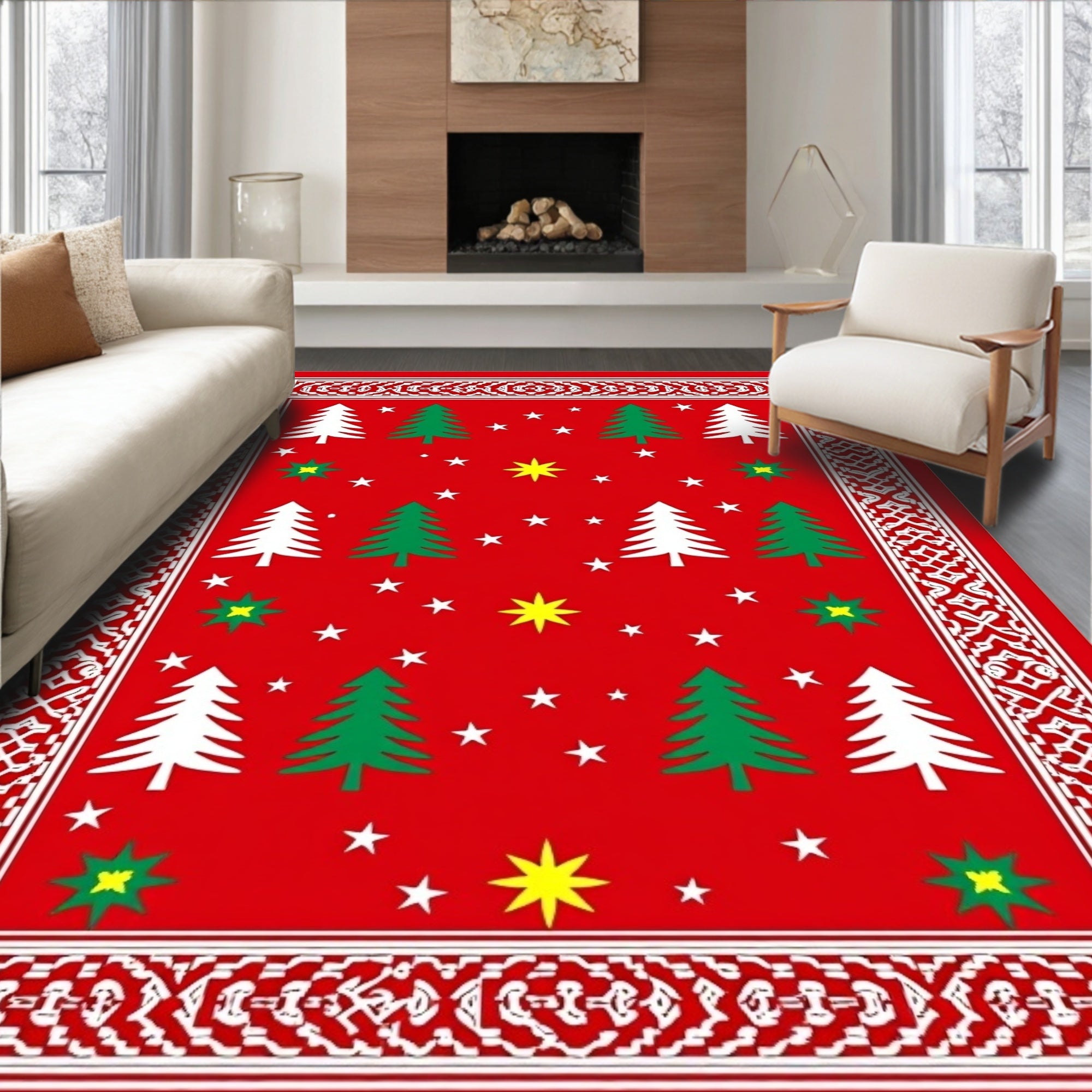 Red Christmas Tree Star Festive Border Rug