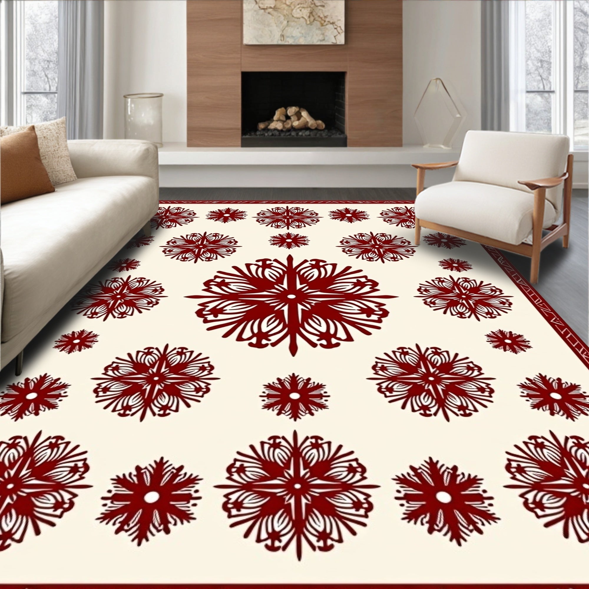 Deep Red Floral Snowflake Scatter Rug