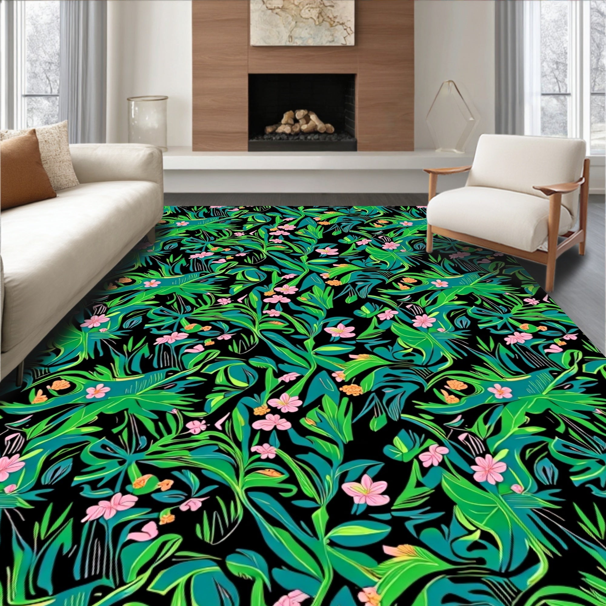 Vibrant Pink Flower Jungle Vines Rug