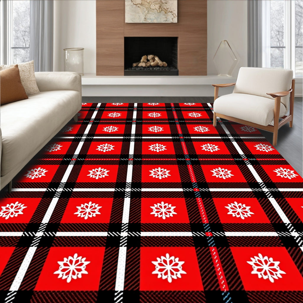 Red White Snowflake Plaid Tartan Rug