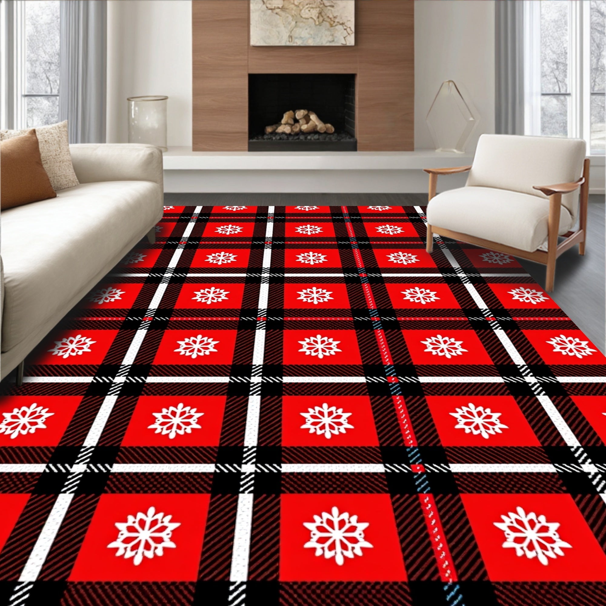 Red White Snowflake Plaid Tartan Rug
