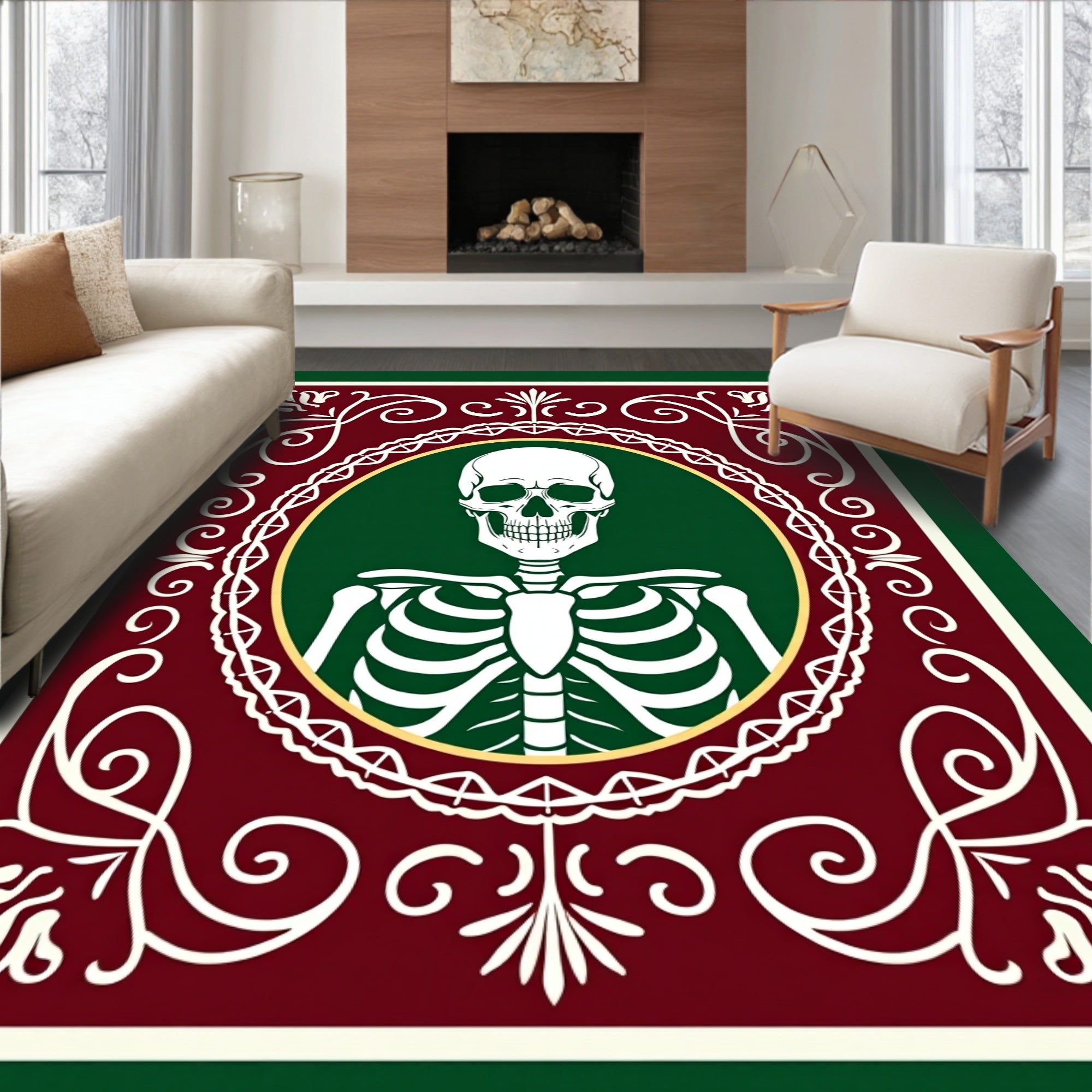 Skeleton Portrait Medallion Burgundy Green Rug