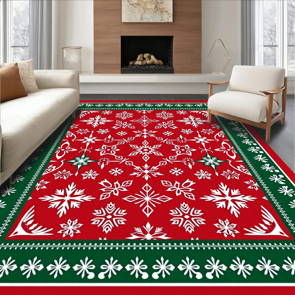 Red White Green Snowflake Border Rug