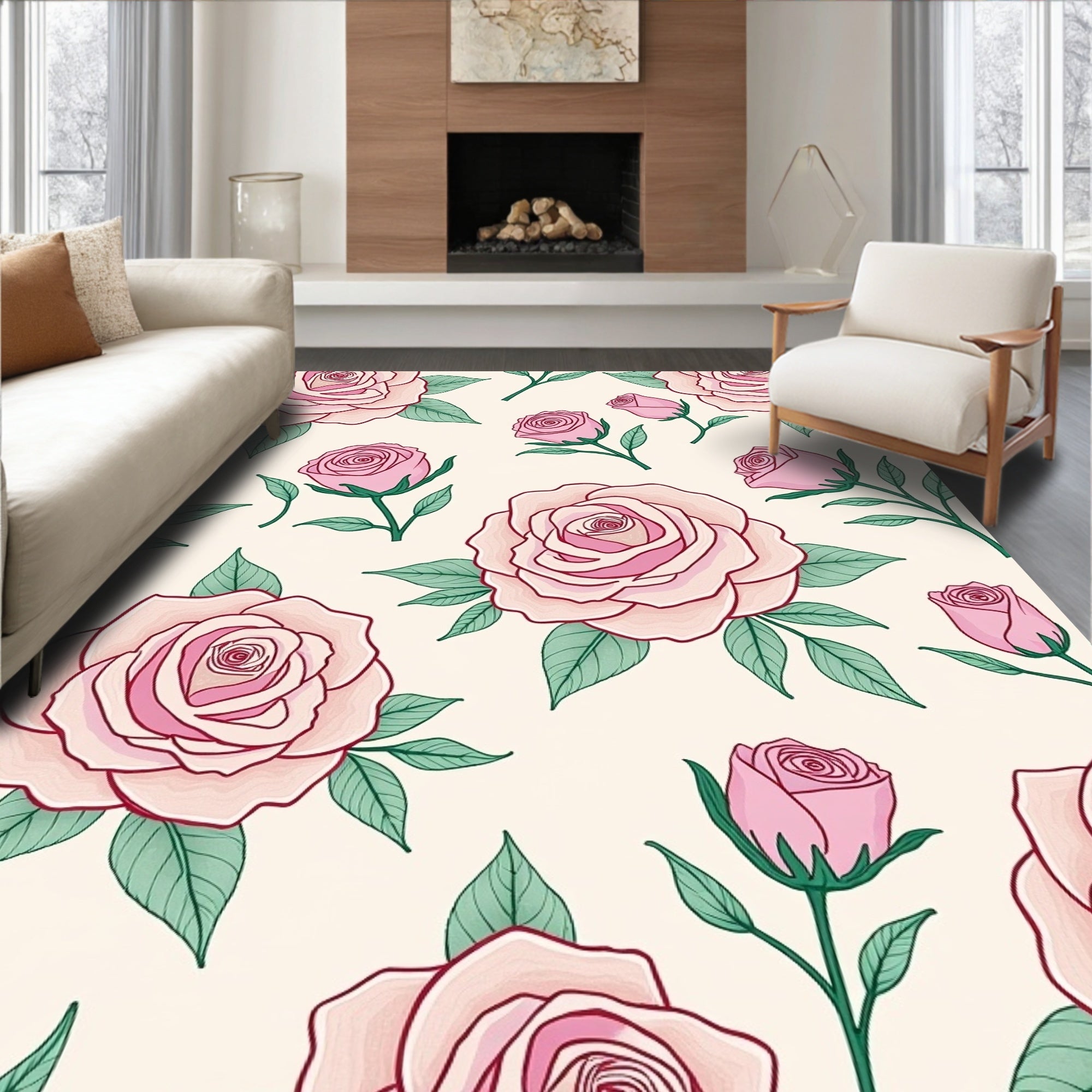 Pink Roses Garden Romantic Floral Rug