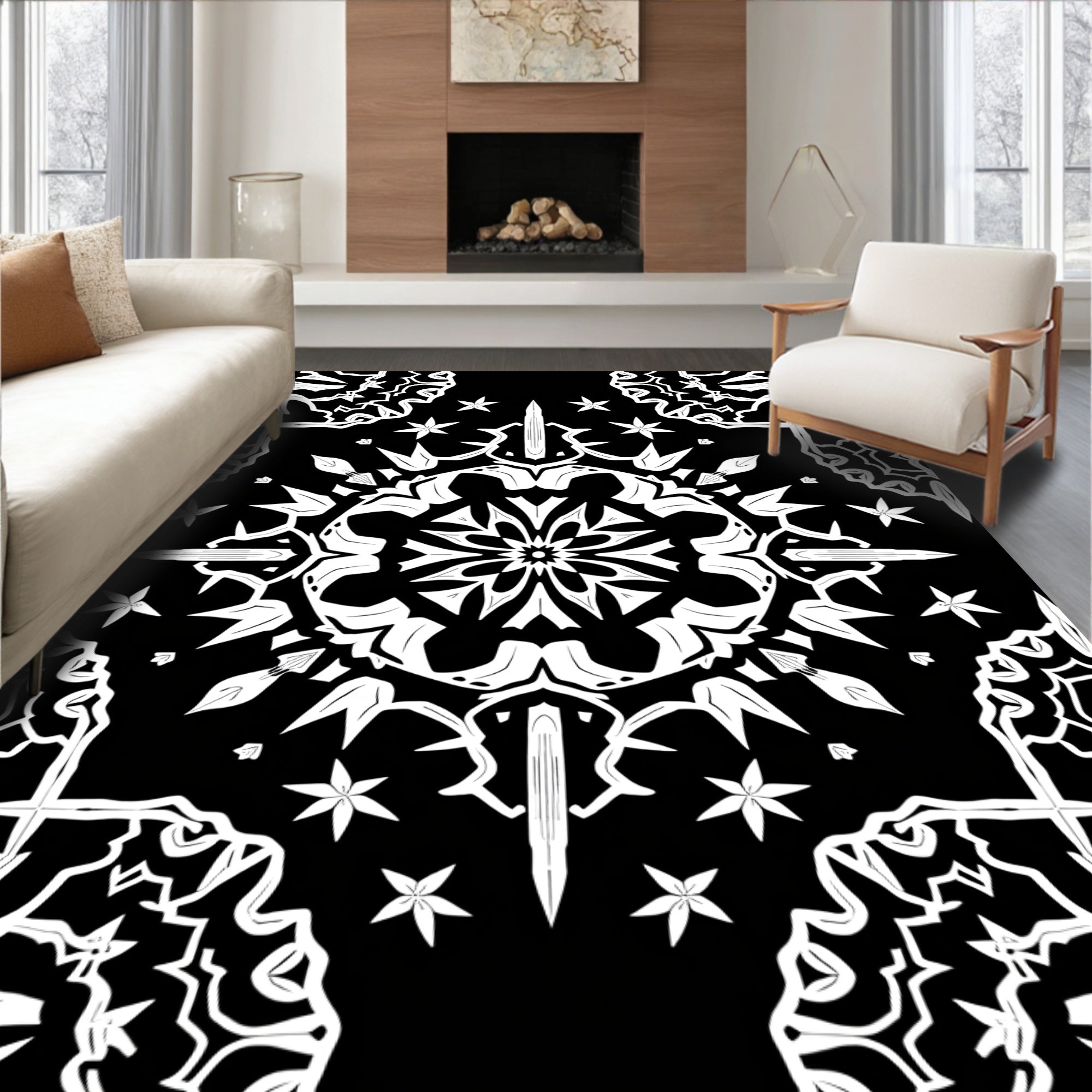 Black White Intricate Mandala Symmetry Rug