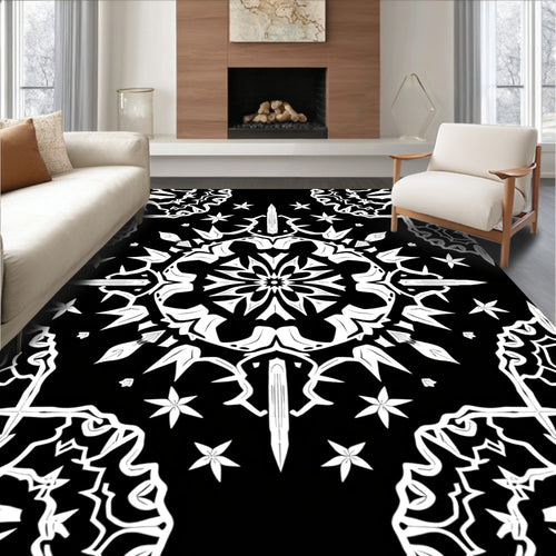 Black White Intricate Mandala Symmetry Rug