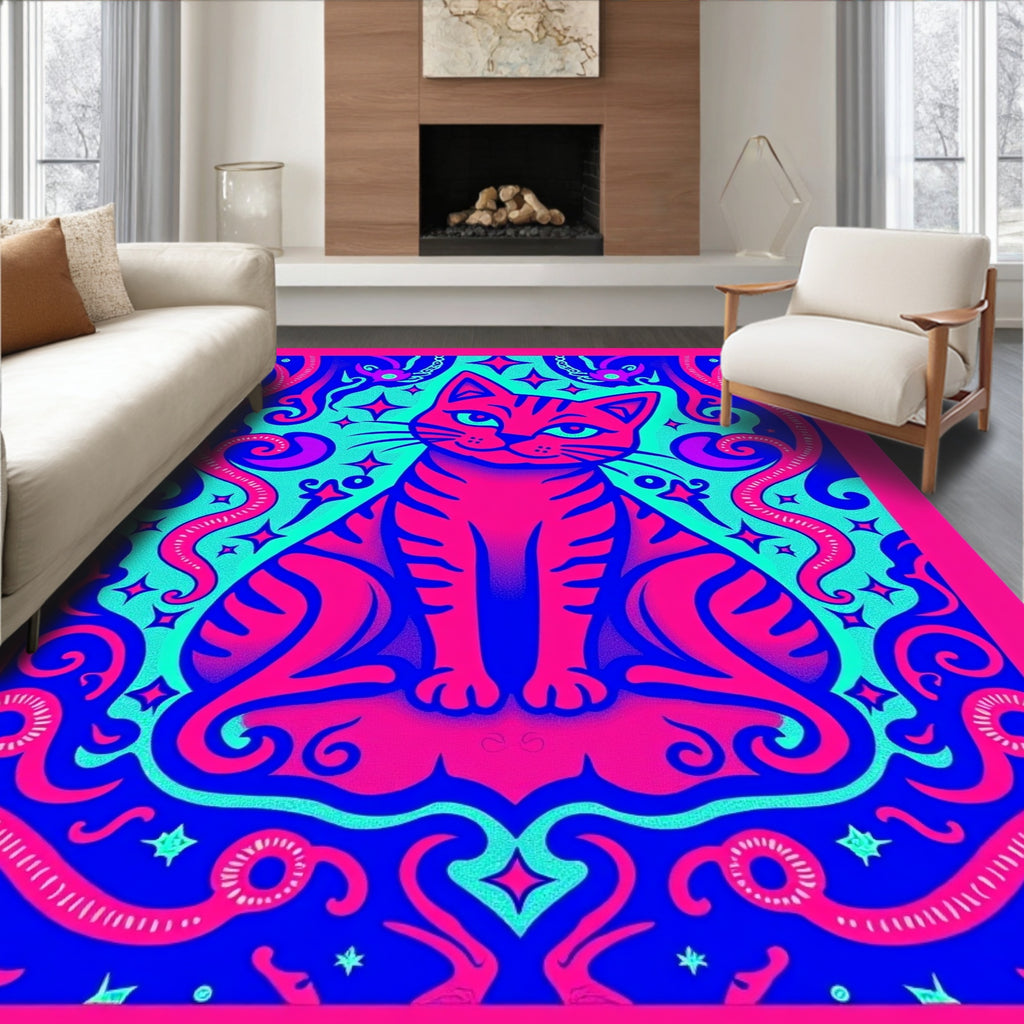 Vibrant Pink And Blue Feline Stars Rug