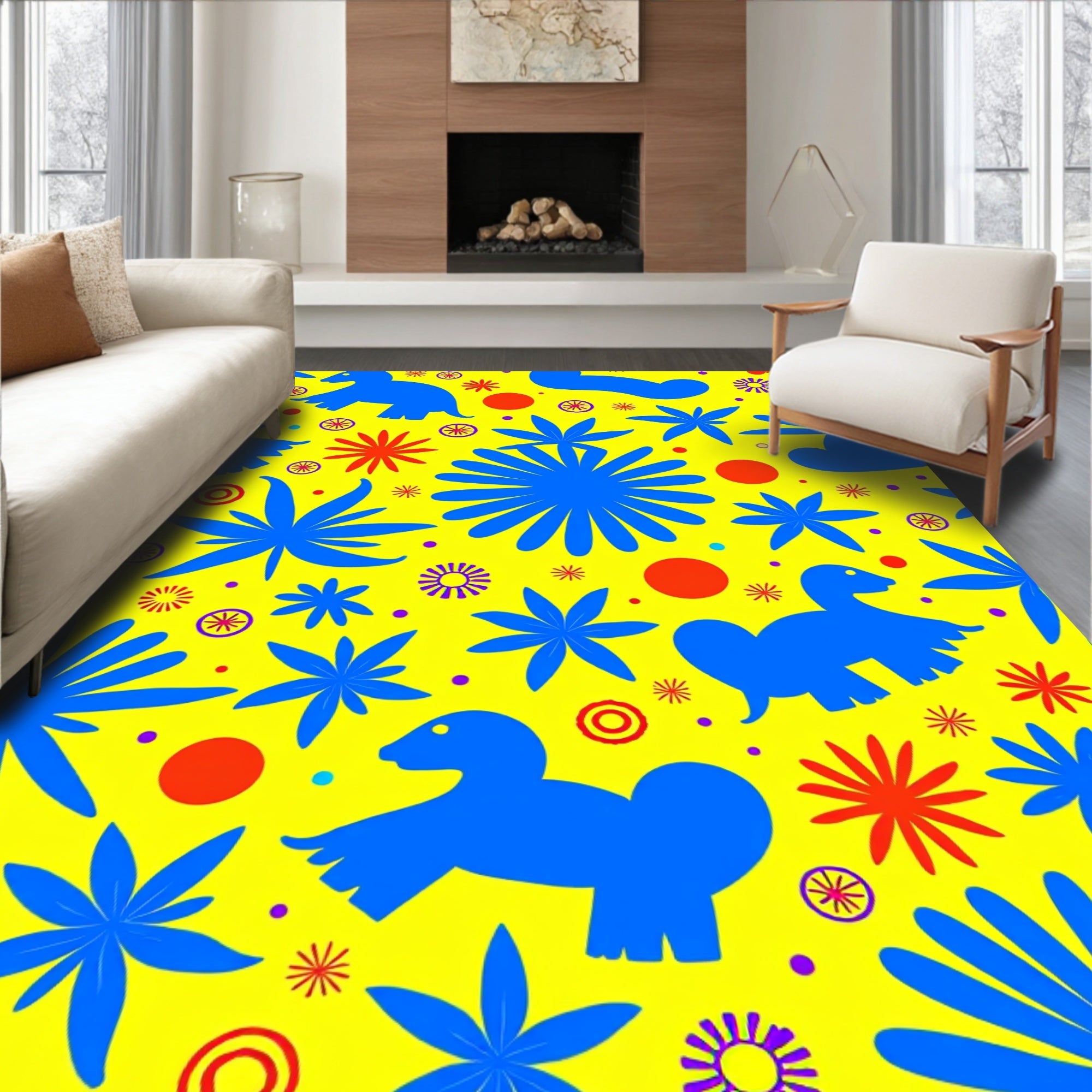 Vibrant Blue Dino Floral Explosion Rug