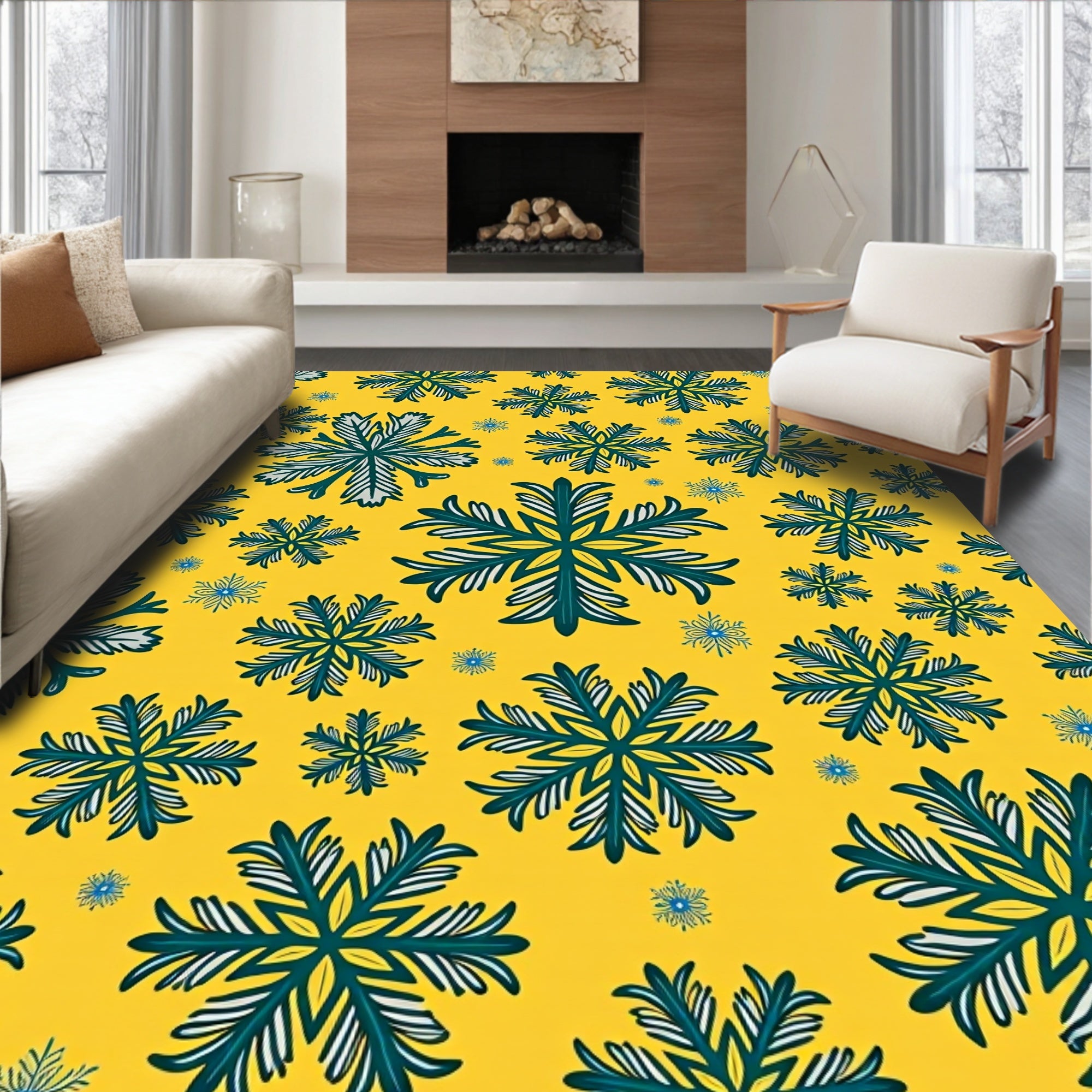 Yellow Teal Snowflake Scatter Rug