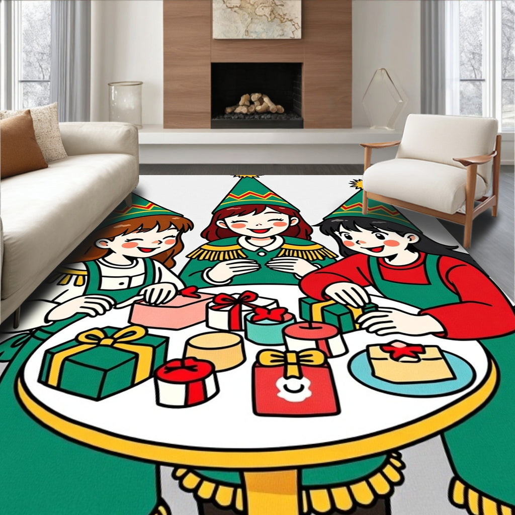 Festive Holiday Girls Gift Wrapping Scene Rug