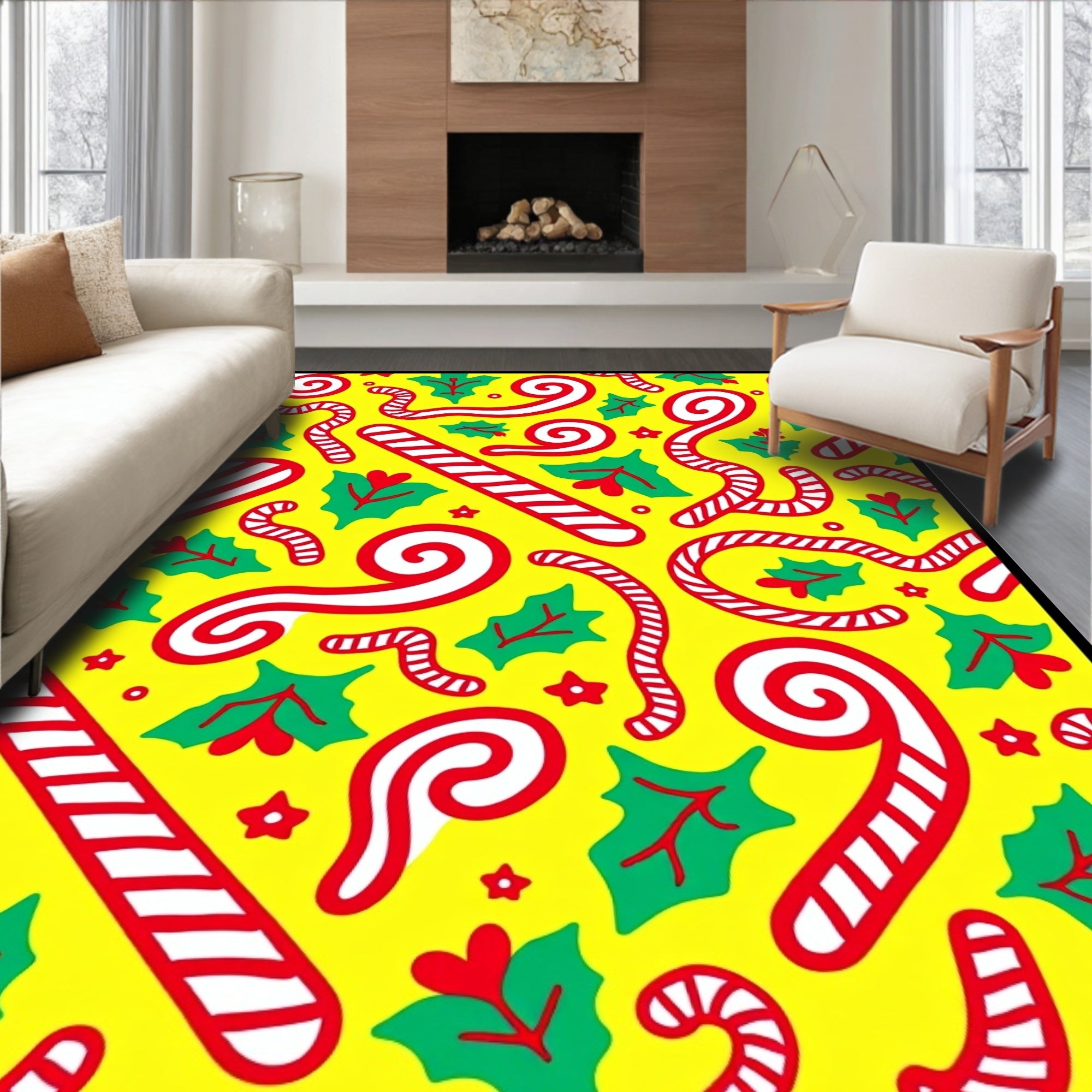 Bright Yellow Candy Cane Holly Swirl Rug