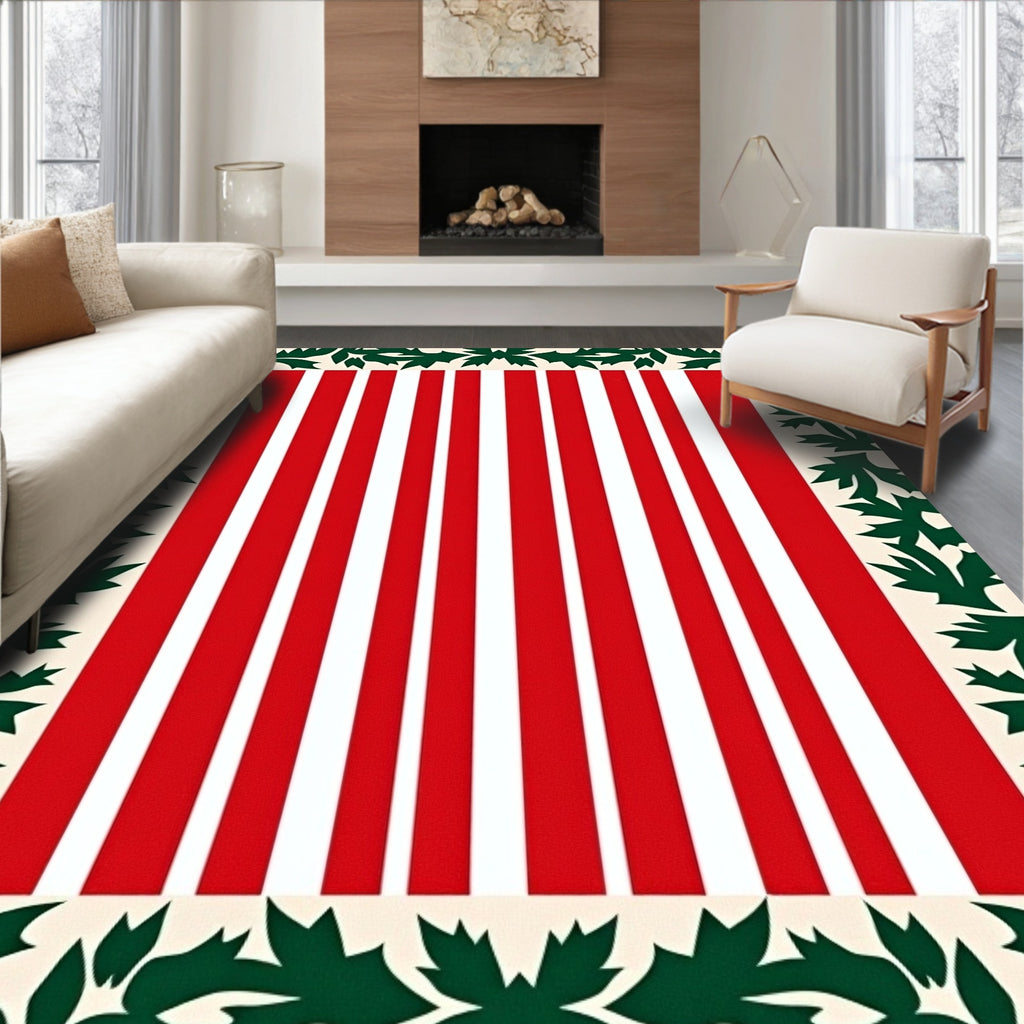 Red White Vertical Stripes Holly Border Rug