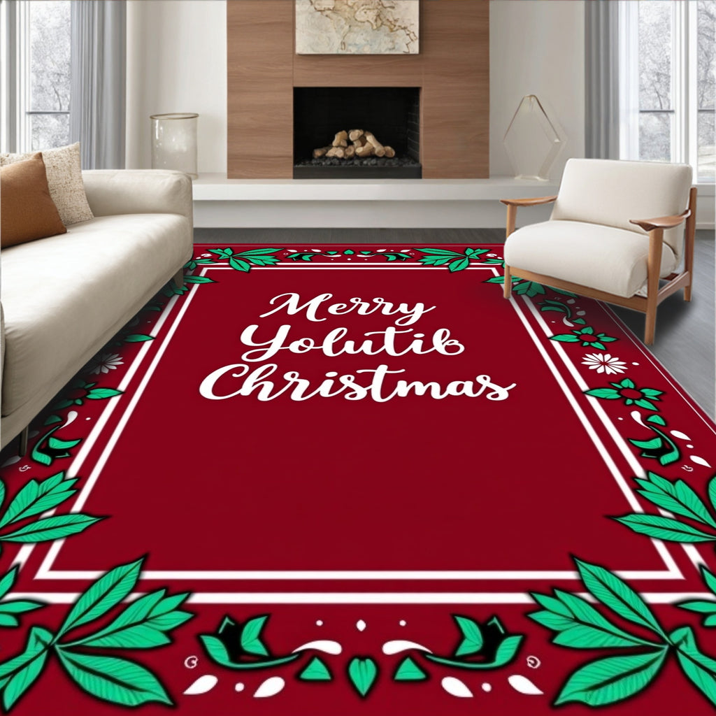 Crimson Holly Leaf Border Christmas Rug
