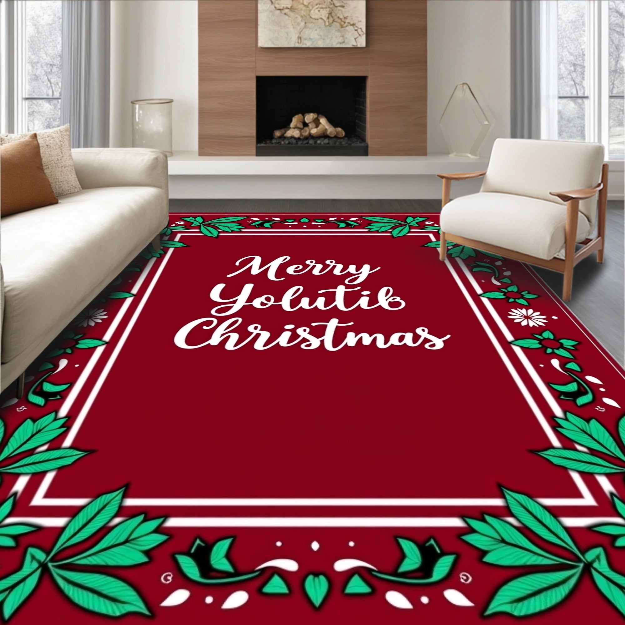 Crimson Holly Leaf Border Christmas Rug