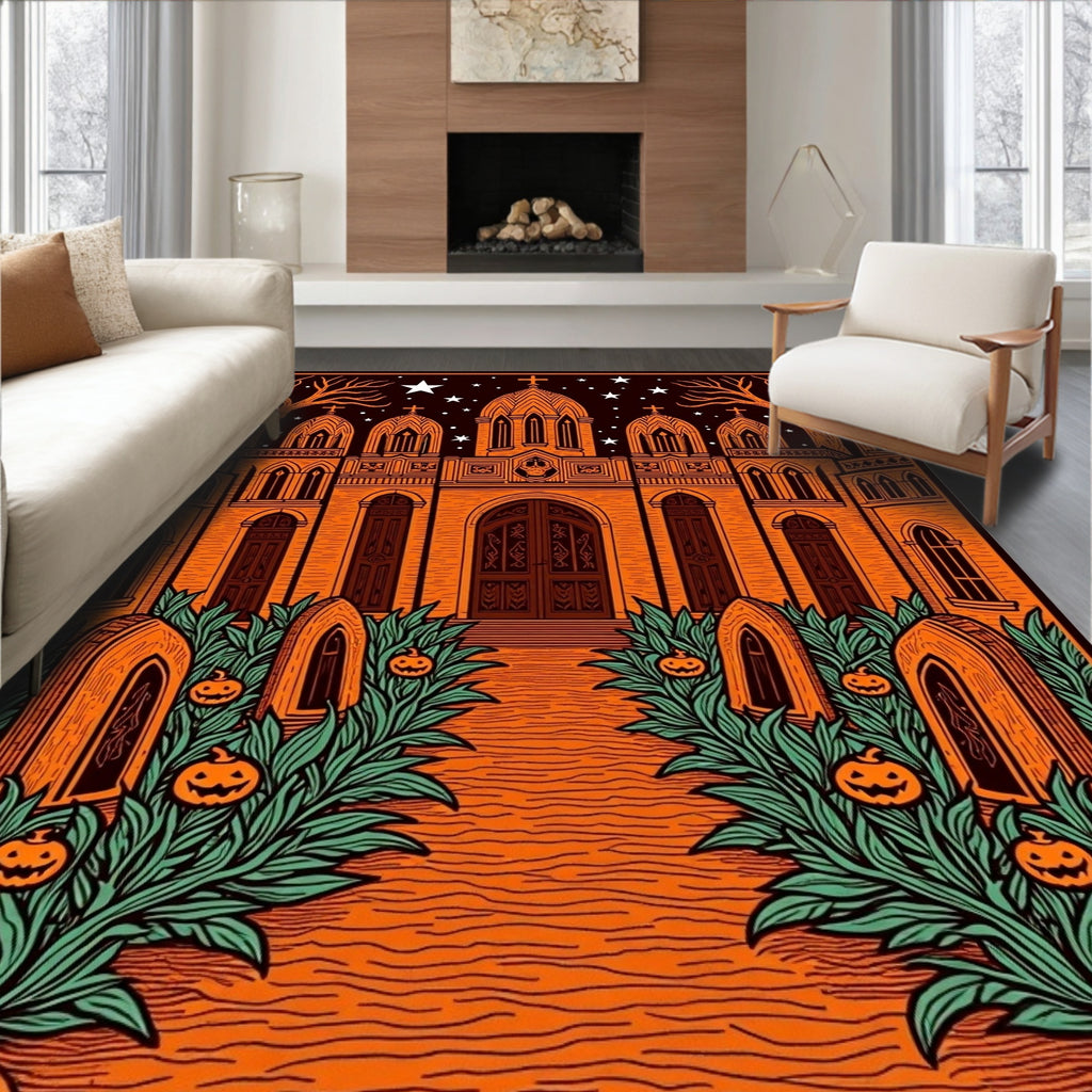 Spooky Orange Gothic Castle Pumpkins Rug