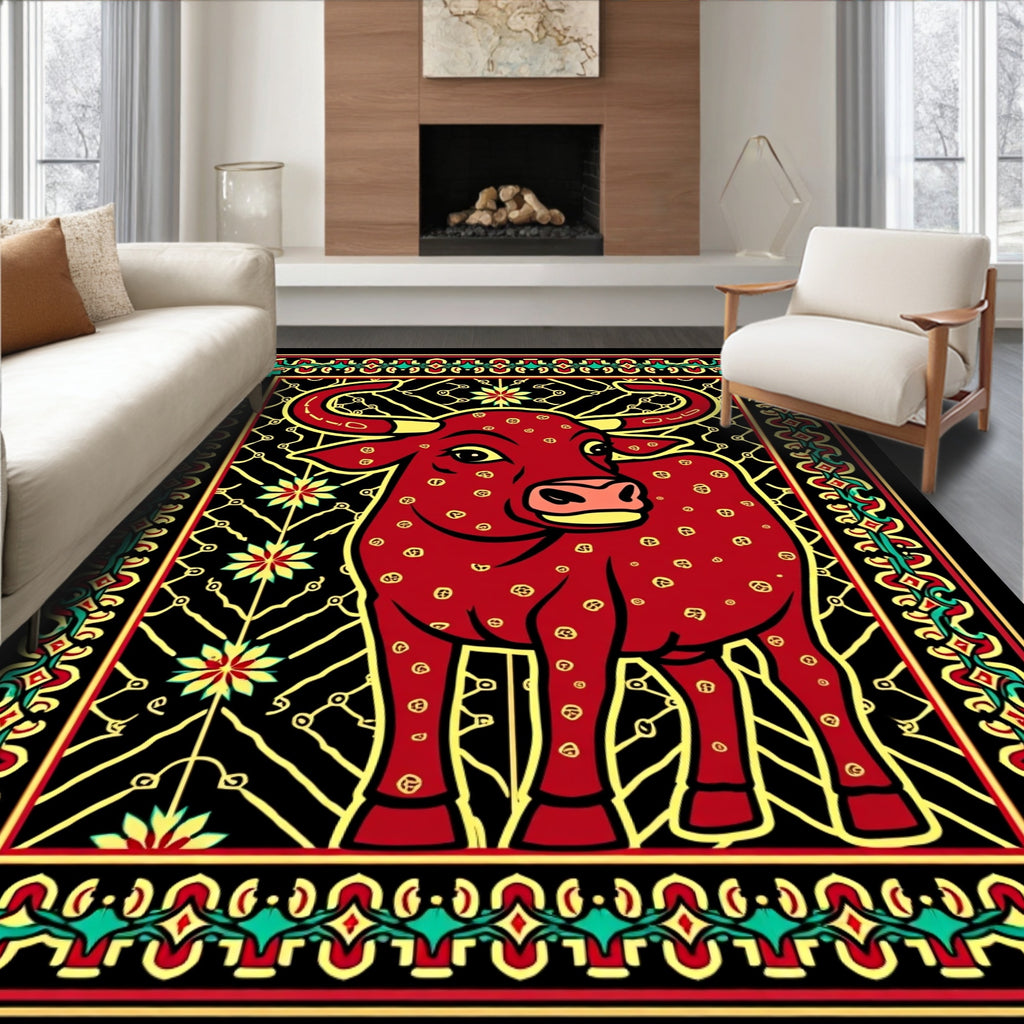 Bold Red Bull Floral Border Rug