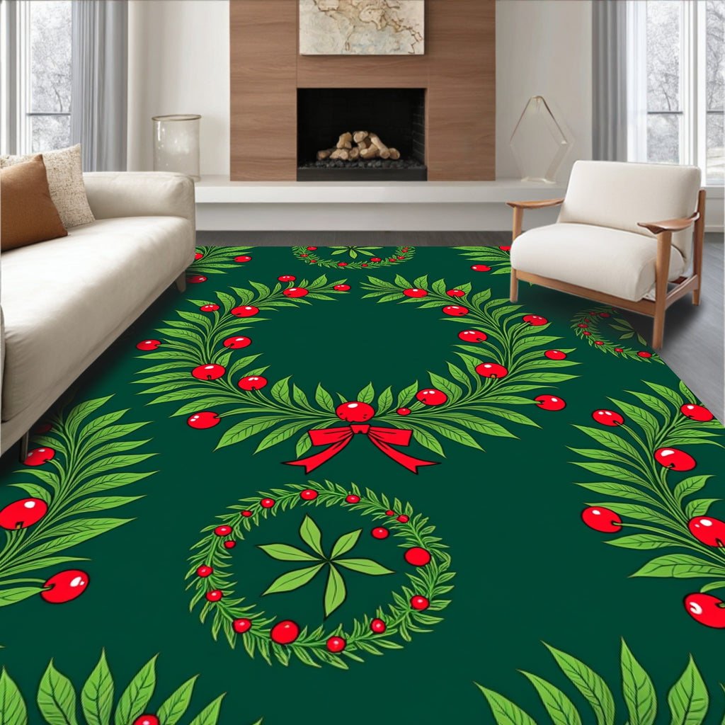 Emerald Green Holly Berry Wreath Rug
